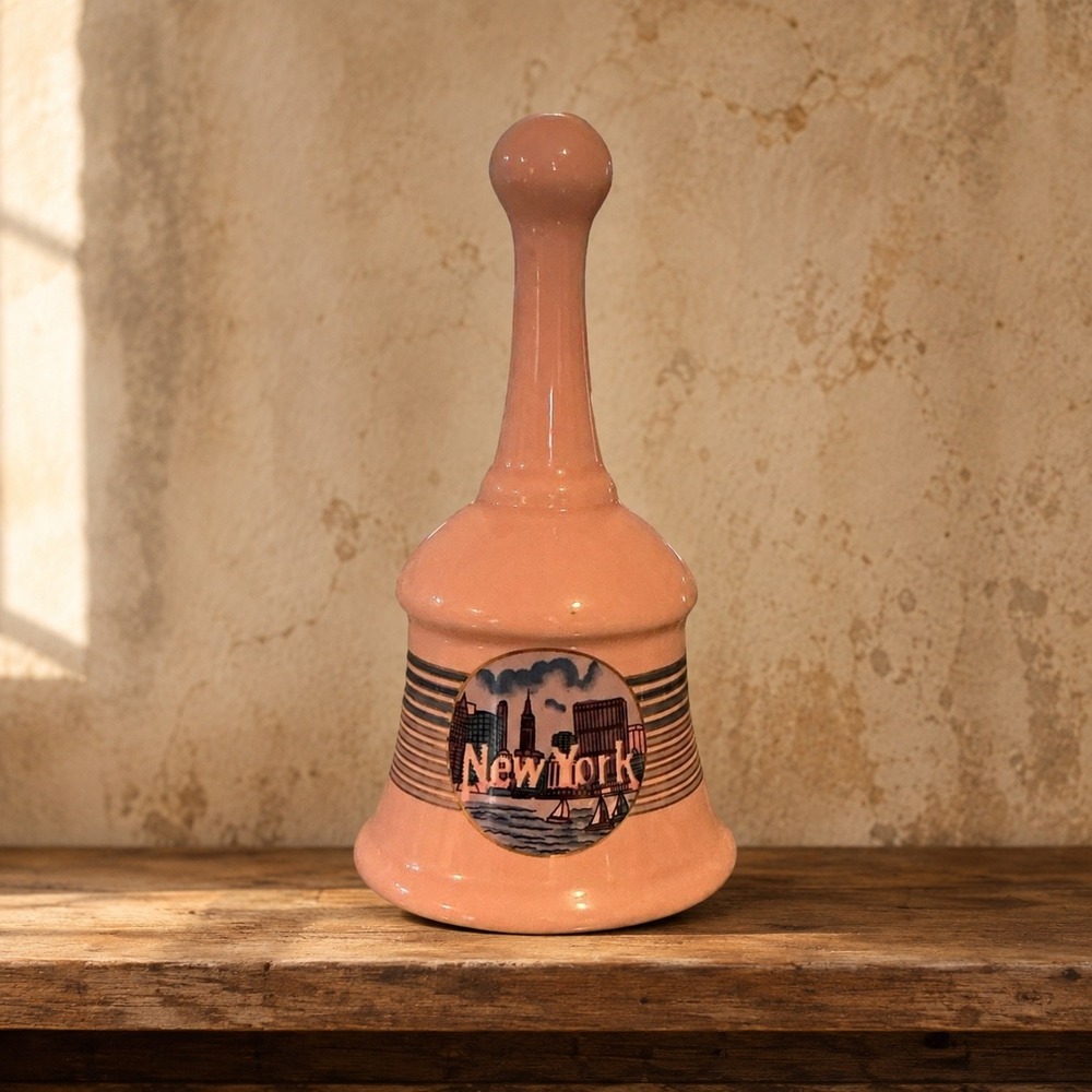 Vintage Pink Ceramic New York City Skyline Souvenir Bell NYC Travel 5.5 Inch